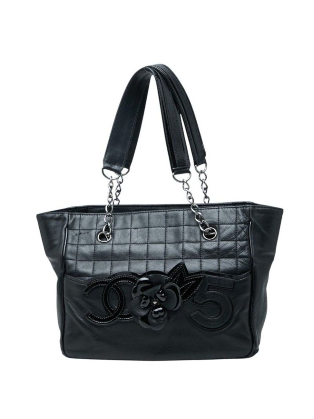 Chanel CC Logo Camellia Choco Bar Chain Tote Black Lambskin Patent